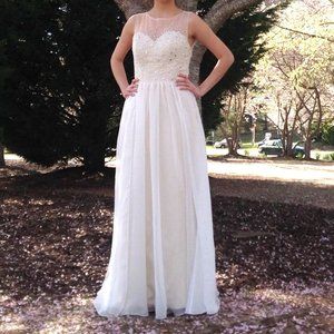 Beaded & Sequin Prom Dress in Champagne & White